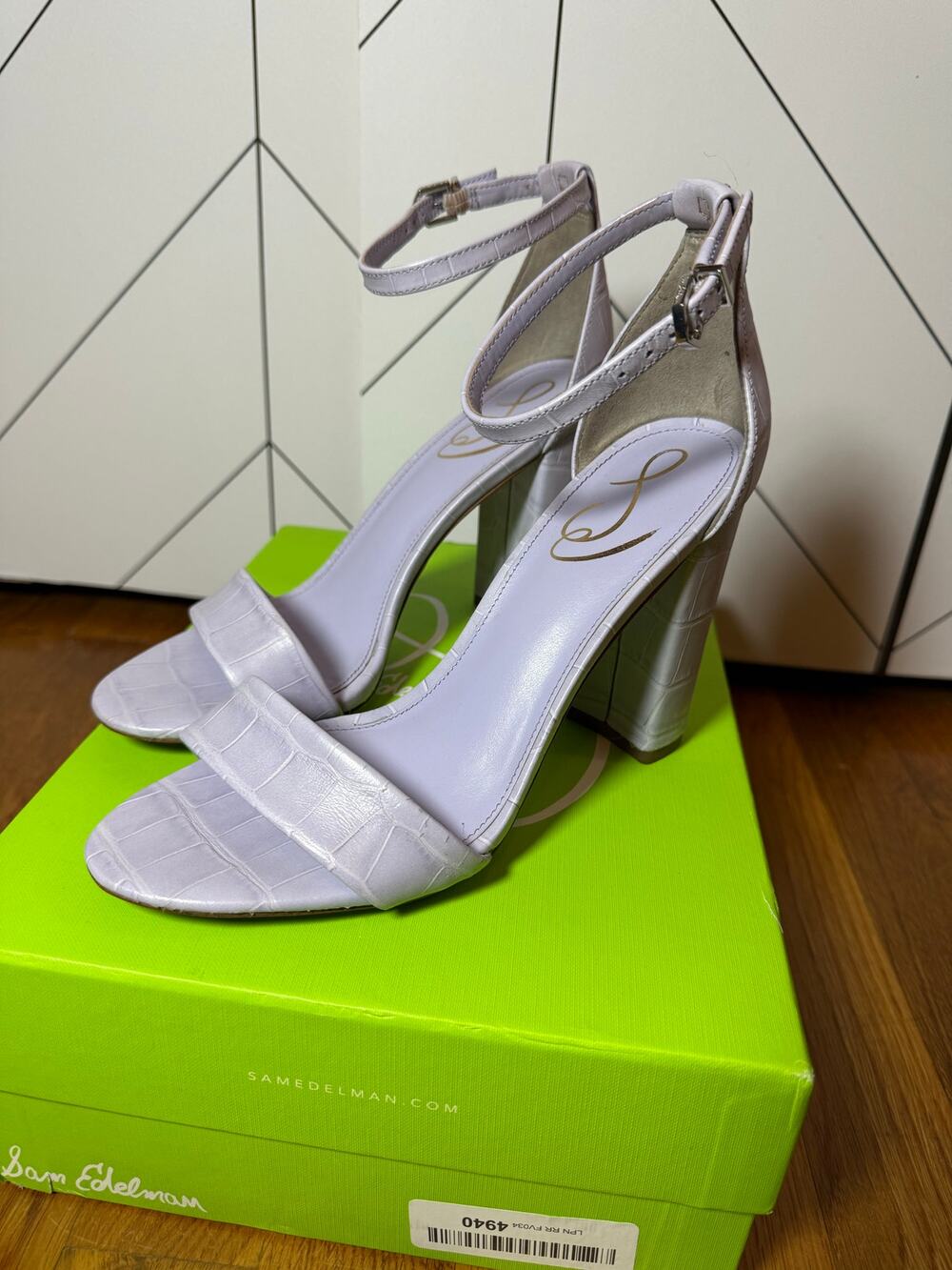 Sam Edelman Yaro Womens 7 Lilac Purple Croc Ankle Strap Chunky High Heel Shoes